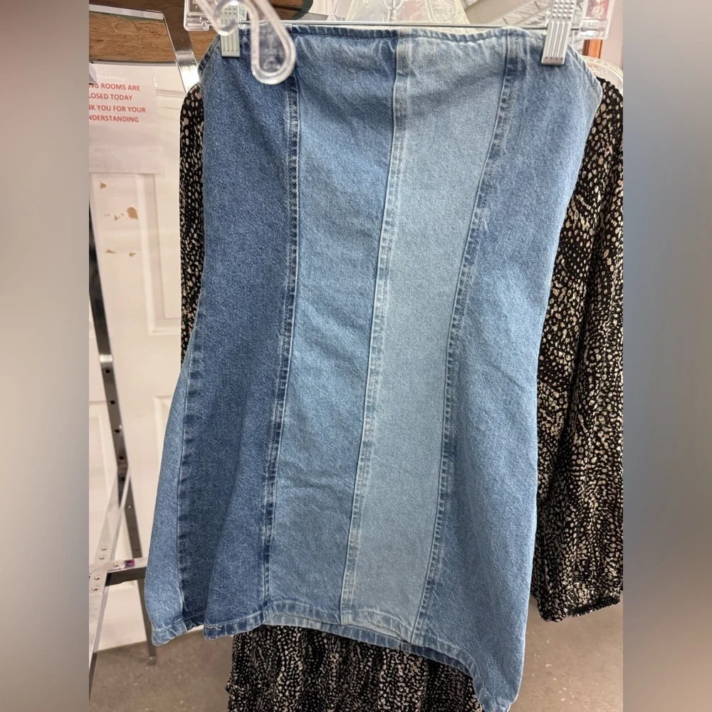PrettyLittleThing Denim Cotton Patchwork Strapless Mini Dress Blue Stripe